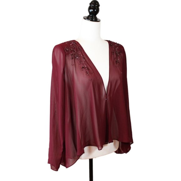 Tradition Beaded Over Blouse Size 8 Shoulder Pad Red Maroon Sheer High Low CA303 - Picture 11 of 13